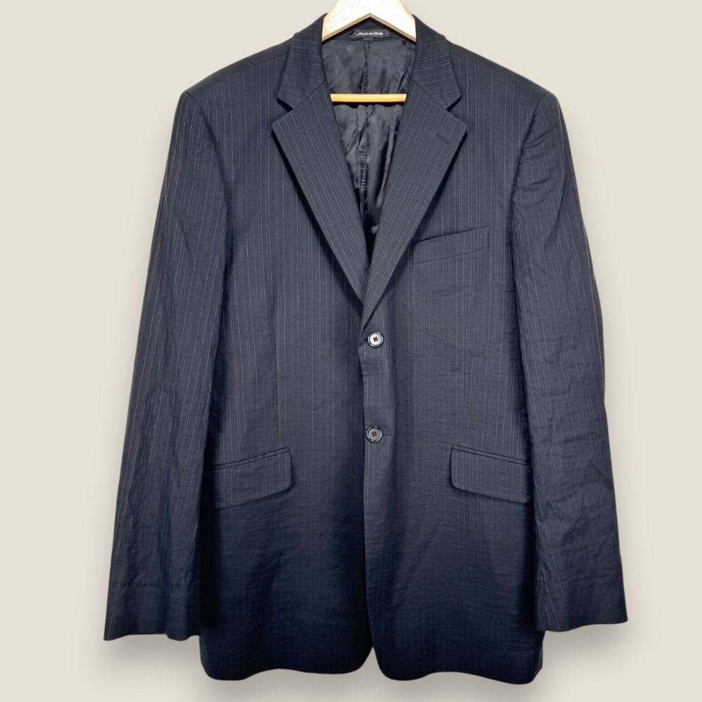 Theory Linen Silk Cotton Blazer Suit Jacket Men 42L Black Striped 2 Button
